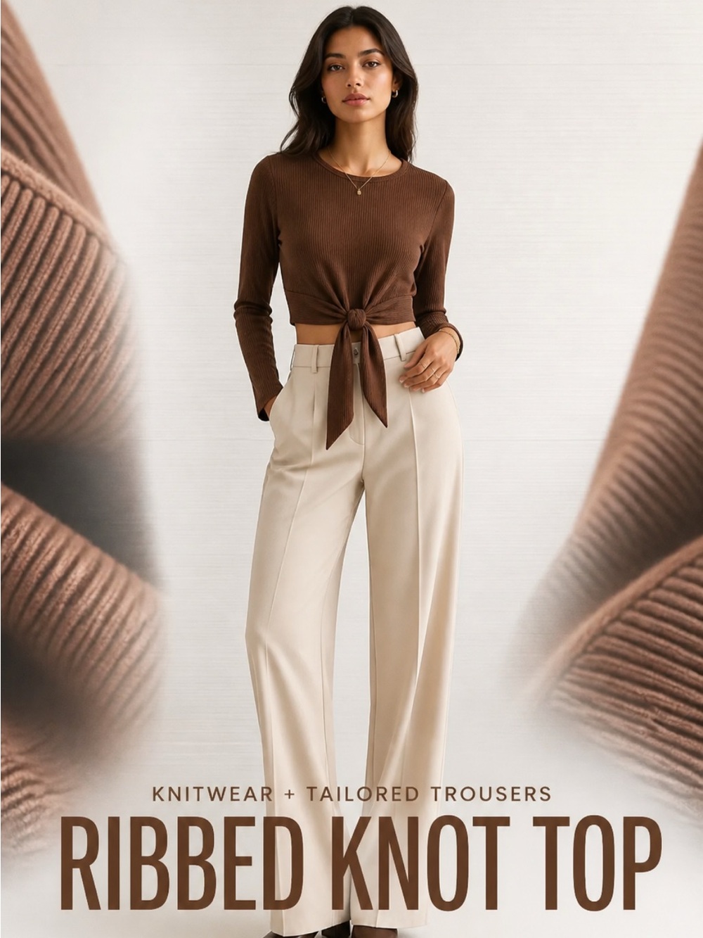 Windsor Ribbed Knot Cropped Top in Brown